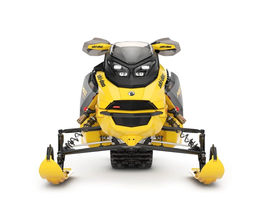 A frontview of a black and yellow ski-doo 2025 snowmobile on a white background