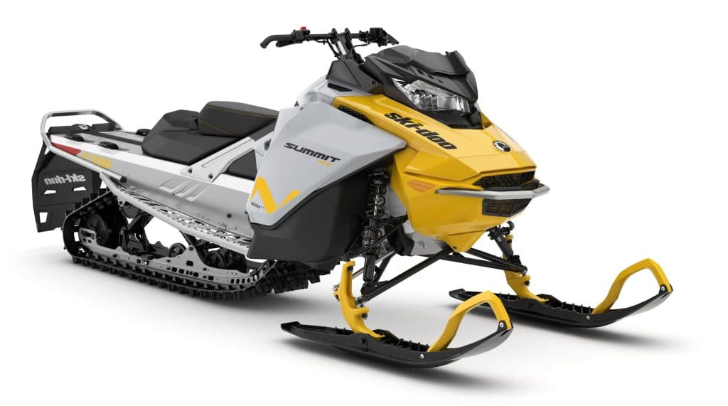 Yellow, black, and grey Ski-Doo 2025 snowmobile on a white background