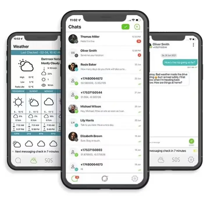 Three mobile display different menus of the ZOLEO app.