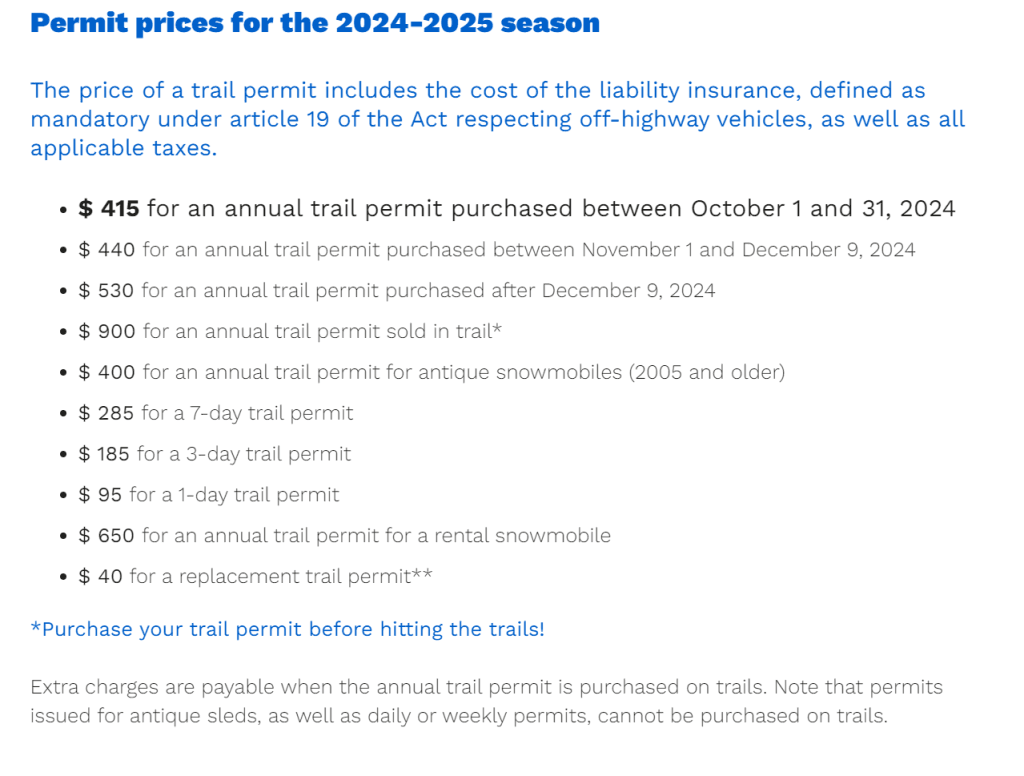 Quebec snowmobile trail permit - rates 2025